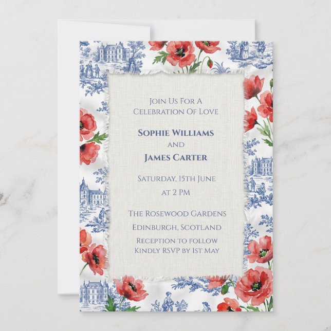 Convites Casamento Floral Vermelho Azul (Frente)