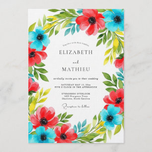 Convites Casamento Floral Vermelho Azul Florescer