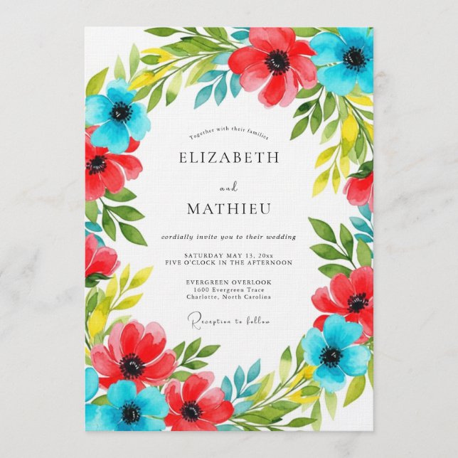 Convites Casamento Floral Vermelho Azul Florescer (Frente)