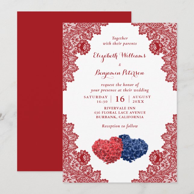 Convites Casamento Floral Vermelho Azul Marinho Russo Perso (Frente/Verso)