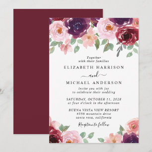 Convites Casamento Floral Vermelho Blush Watercolor