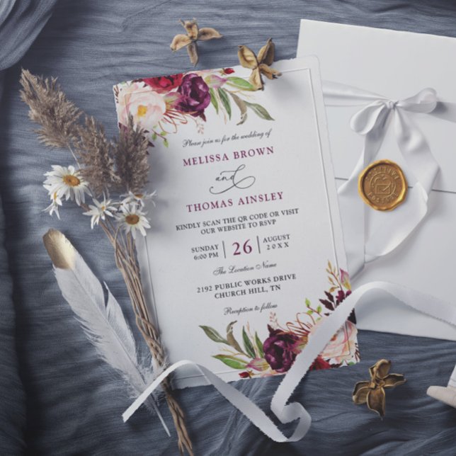 Convites Casamento Floral Vermelho Borgonha Chic Orçamento  (Criador carregado)