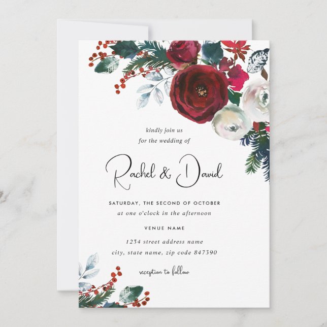 Convites Casamento Floral Vermelho Borgonha de Natal (Frente)