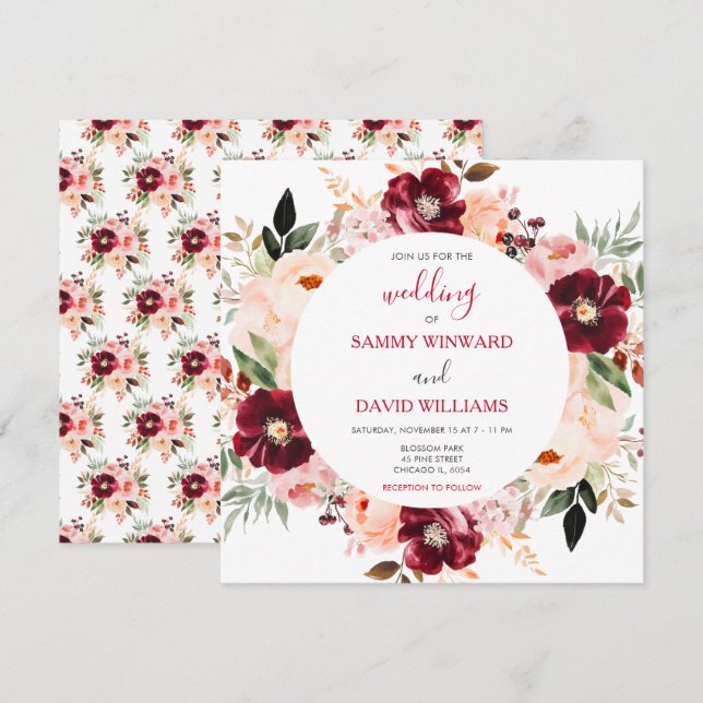 Convites Casamento Floral Vermelho Borgonha e Rosa Bege (Frente/Verso)