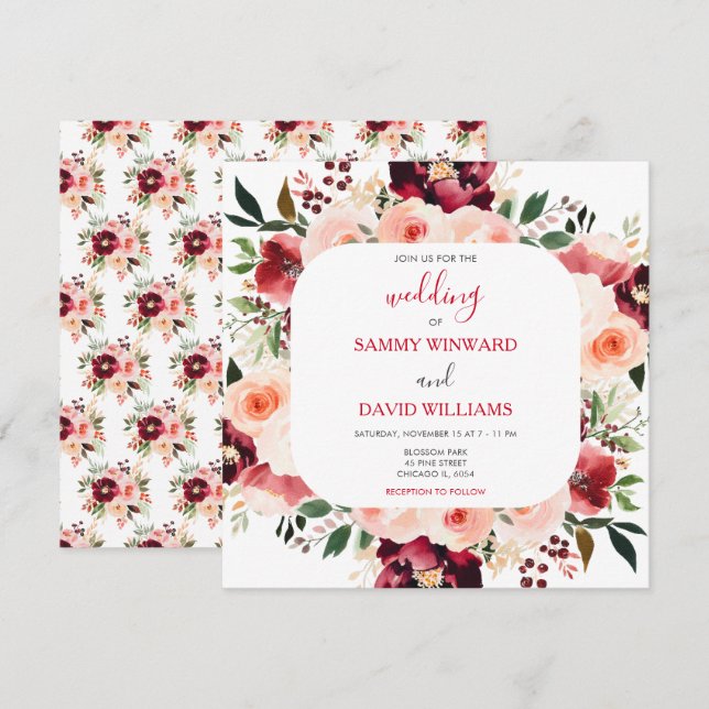 Convites Casamento Floral Vermelho Borgonha e Rosa Bege (Frente/Verso)