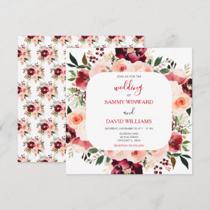 Convites Casamento Floral Vermelho Borgonha e Rosa Bege