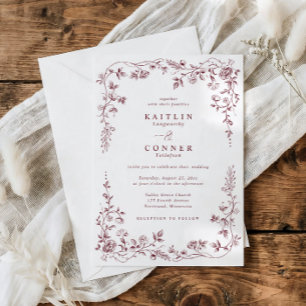Convites Casamento Floral Vermelho Borgonha Vintage Francês