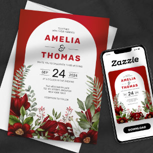 Convites Casamento Floral Vermelho Carmesim Aquarela Românt