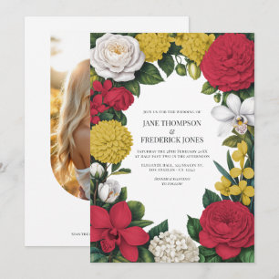 Convites Casamento Floral Vermelho Cereja, Branco e Dourado