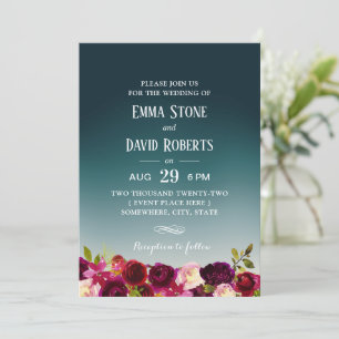 Convites Casamento Floral Vermelho de Ombre Burgundy Teal E
