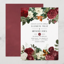 Convites Casamento Floral Vermelho De Vinho Borgonha
