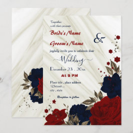 Convites casamento floral vermelho e azul marinho