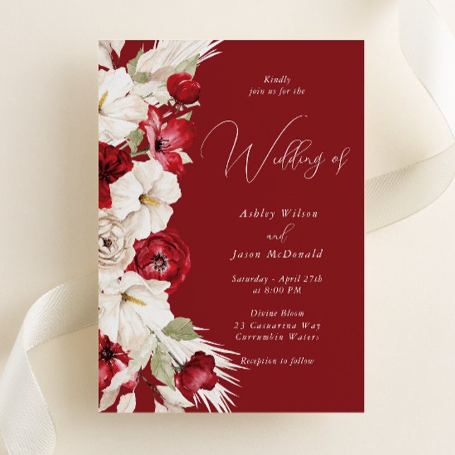 Convites Casamento Floral Vermelho e Branco Moderno Elegant (Criador carregado)