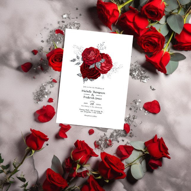 Convites Casamento Floral Vermelho e Prata (Criador carregado)