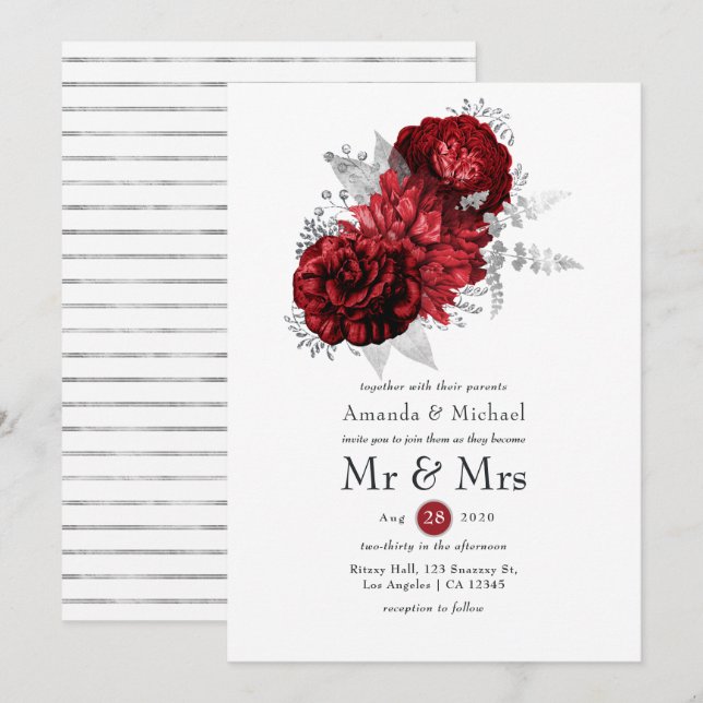 Convites Casamento Floral Vermelho e Prata Sr. & Sra. (Frente/Verso)