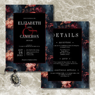 Convites Casamento Floral Vermelho e Rosa Vintage Escuro de