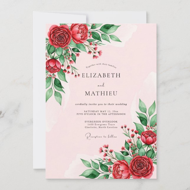 Convites Casamento Floral Vermelho Elegante (Frente)