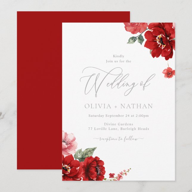Convites Casamento Floral Vermelho Elegante (Frente/Verso)