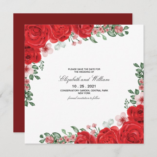 Convites Casamento Floral Vermelho Elegante Salvar A Data C (Frente/Verso)