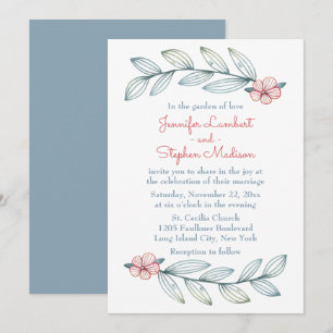 Convites Casamento Floral Vermelho Flor Azul Cinza Folha Bo