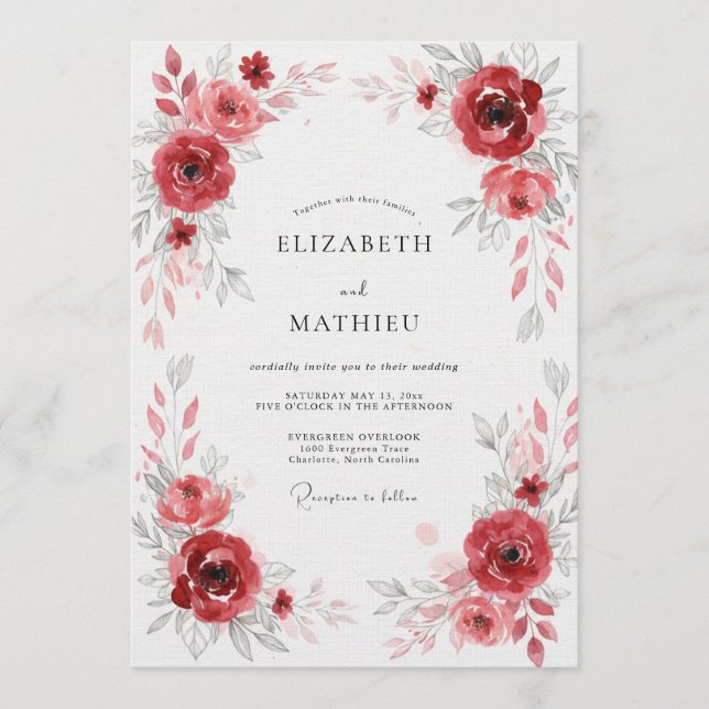 Convites Casamento Floral Vermelho Intenso (Frente)