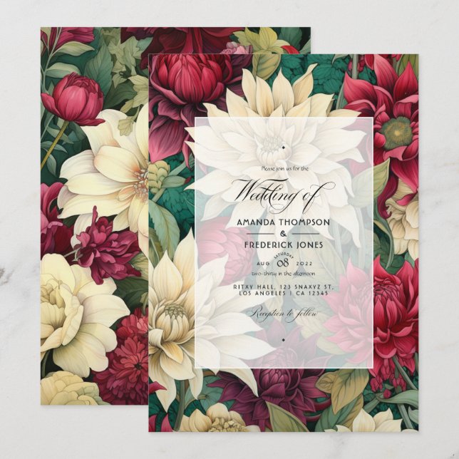 Convites Casamento Floral Vermelho Intenso, Creme e Verde F (Frente/Verso)
