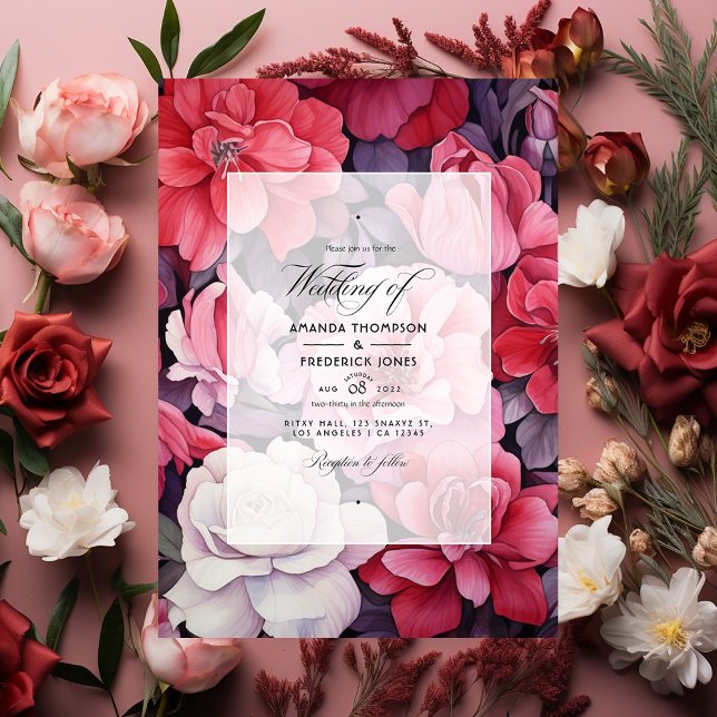 Convites Casamento Floral Vermelho Intenso, Rosa e Prata (Criador carregado)
