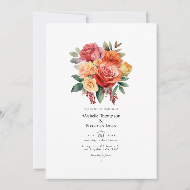 Convites Casamento Floral Vermelho, Laranja e Sage (Frente)