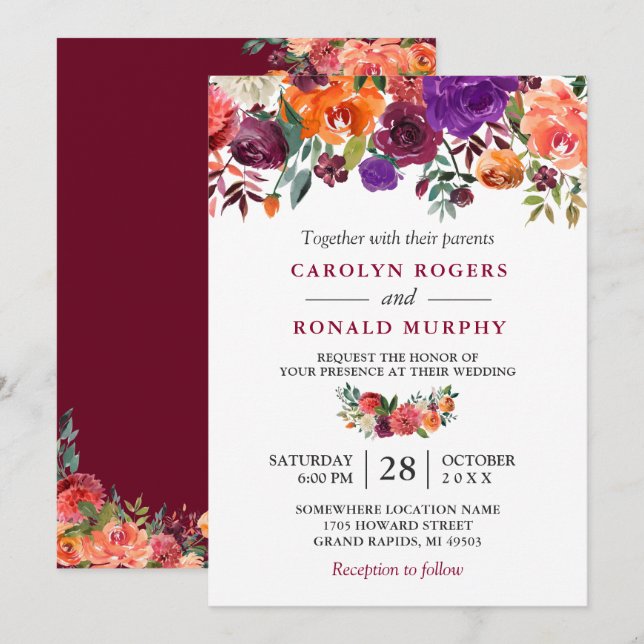 Convites Casamento Floral Vermelho Laranja Roxo-Puro-Turvo (Frente/Verso)
