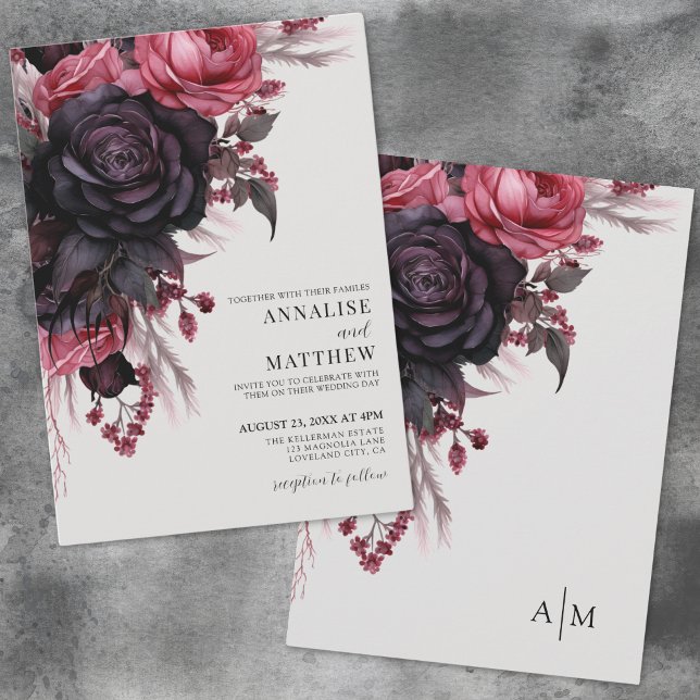 Convites Casamento Floral Vermelho Negro (Black Red Floral Wedding Invitation)