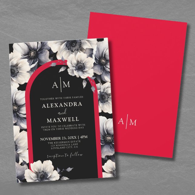 Convites Casamento Floral Vermelho Negro e Elegante (Elegant Modern Black Red Floral Wedding Invitation)