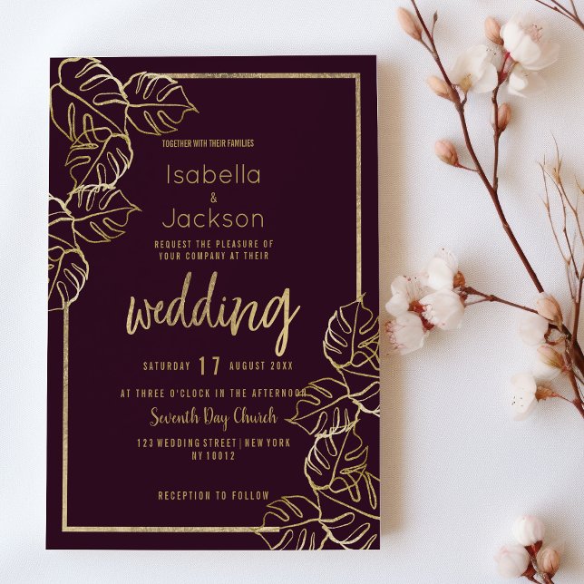 Convites Casamento floral vermelho-profundo de Bordeaux (Bordeaux deep rich red gold floral Wedding)