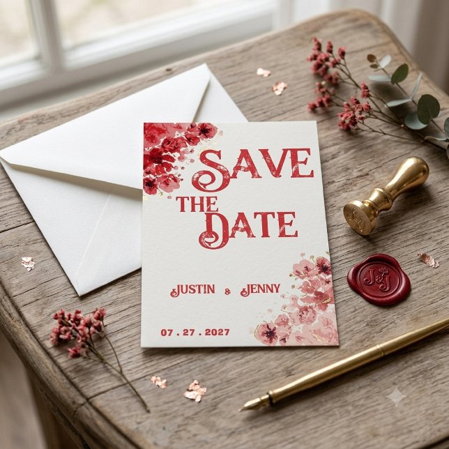 Convites Casamento Floral Vermelho Romântico (Criador carregado)