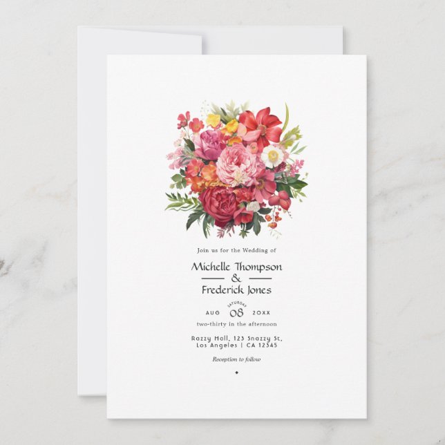 Convites Casamento Floral Vermelho, Rosa e Verde (Frente)