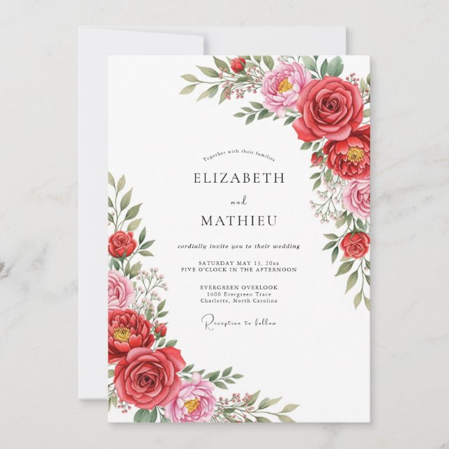 Convites Casamento Floral Vermelho Rosa Exuberante (Frente)
