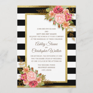 Convites Casamento Floral Vermelho Rosa Preto Branco Dourad