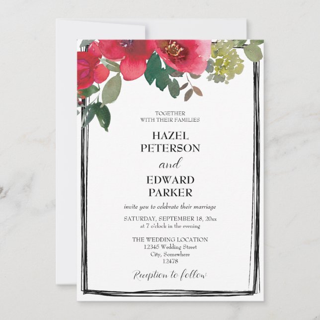Convites Casamento Floral Vermelho Rosa Vermelha Elegante (Frente)