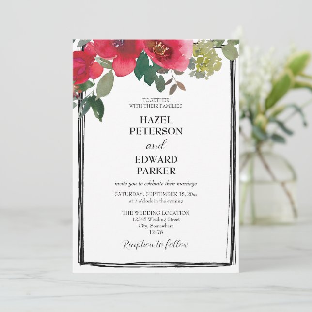 Convites Casamento Floral Vermelho Rosa Vermelha Elegante (Em pé/Frente)