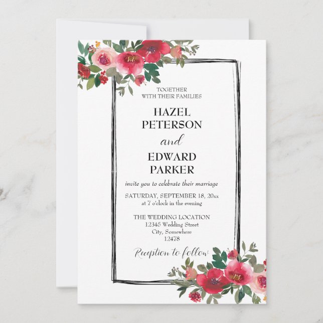 Convites Casamento Floral Vermelho Rosa Vermelha Elegante (Frente)