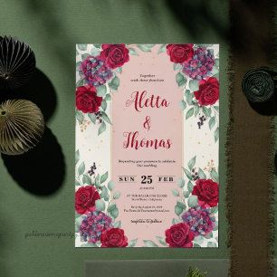 Convites Casamento Floral Vermelho Sombrio e Violeta Ameixa