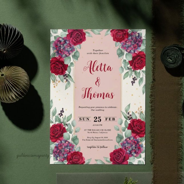 Convites Casamento Floral Vermelho Sombrio e Violeta Ameixa (Moody Red and Plum Purple Floral Wedding Invitation)