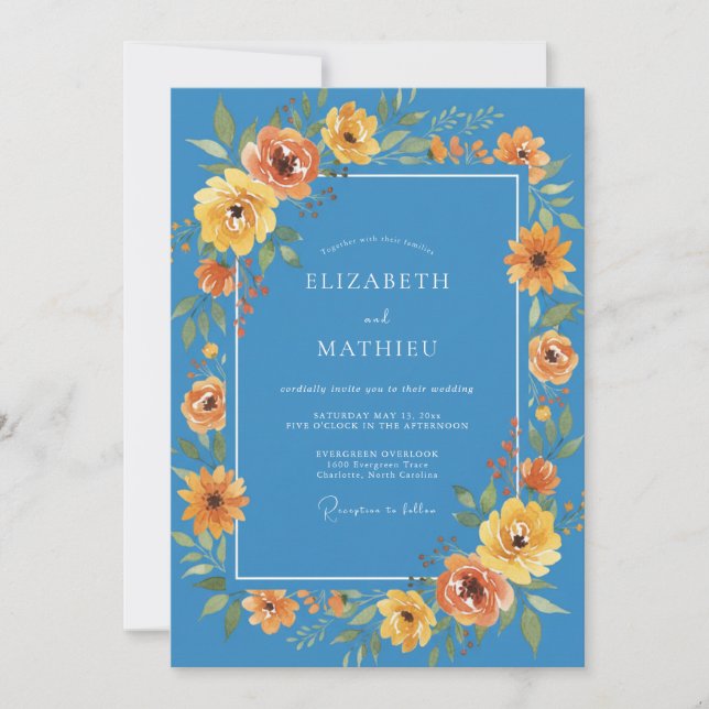 Convites Casamento Floral Vibrante Azul de Primavera (Frente)