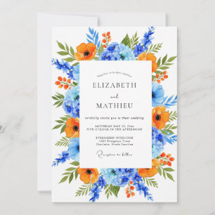 Convites Casamento Floral Vibrante Azul Laranja