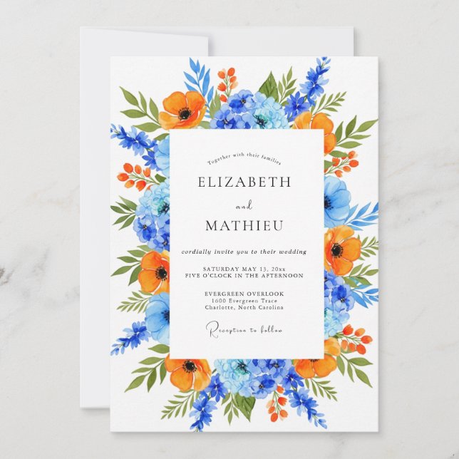 Convites Casamento Floral Vibrante Azul Laranja (Frente)