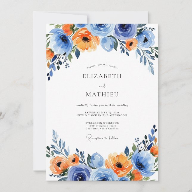 Convites Casamento Floral Vibrante Azul Laranja (Frente)