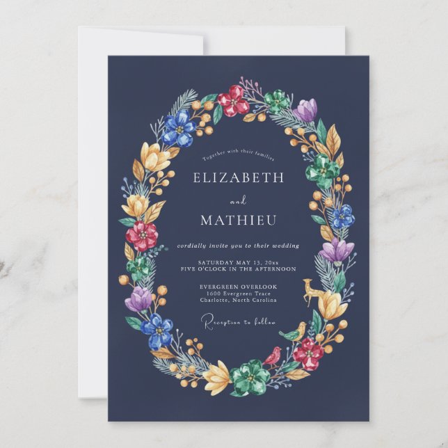Convites Casamento Floral Vibrante Azul Marinho (Frente)