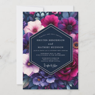 Convites Casamento Floral Vibrante Azul Marinho e Magenta
