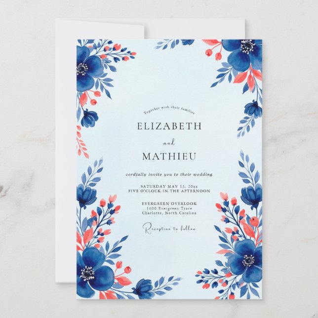 Convites Casamento Floral Vibrante Azul Real (Frente)