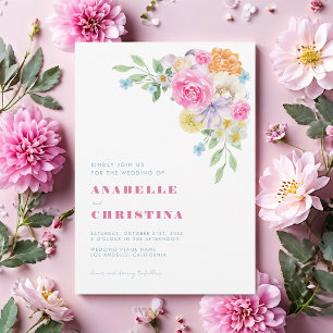 Convites Casamento Floral Vibrante Azul-Rosa Lilac Aquarela