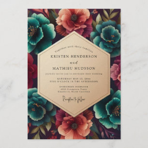 Convites Casamento Floral Vibrante Azul-Verde e Carmesim
